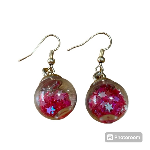 Handmade Gold Dangle Earrings with Clear Globe & Pink Star Glitter Cute … - Picture 2 of 3
